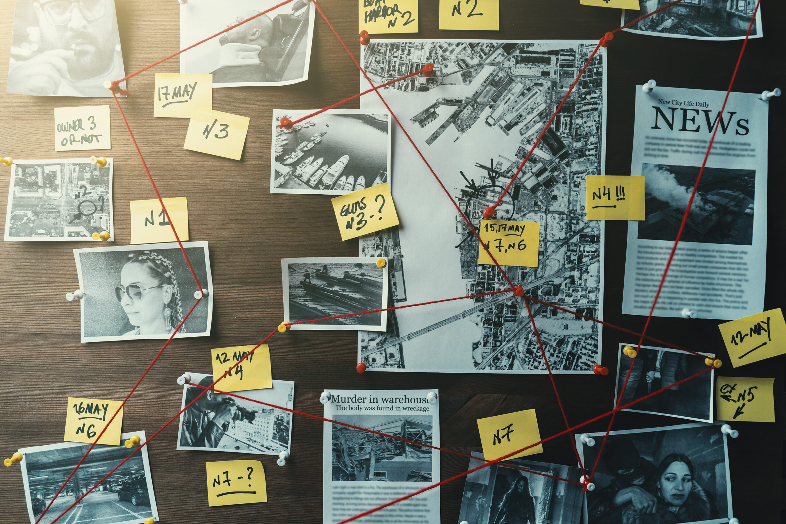 Investigation evidence board representing DNA case strategy and discovery review